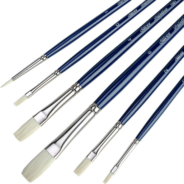 Silver Brush Limited BR-1951 Bristlon - Pinceles planos de mango largo con puntas sintéticas blancas muy rígidas, juego de 6 piezas de pintura prémium para acrílico, óleo, acuarela y todos los medios