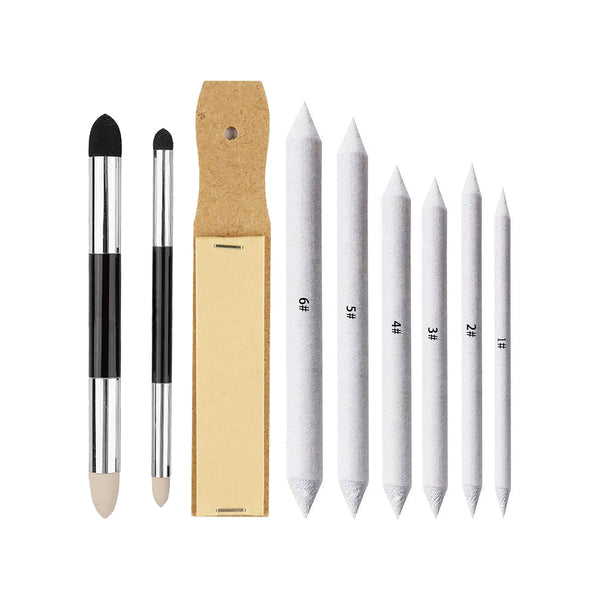 Haojiaho Blending Stump, 9pcs Blending Stumps, Blending Sponge Pens and Sandpaper Pencil Sharpener, Washable & Reusable, Tortillions Paper Art Blenders for Student Artist Charcoal Sketch Drawing